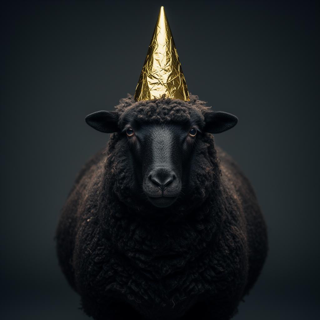 A black sheep in a pointed gold tinfoil hat — your higher self, allegedly.